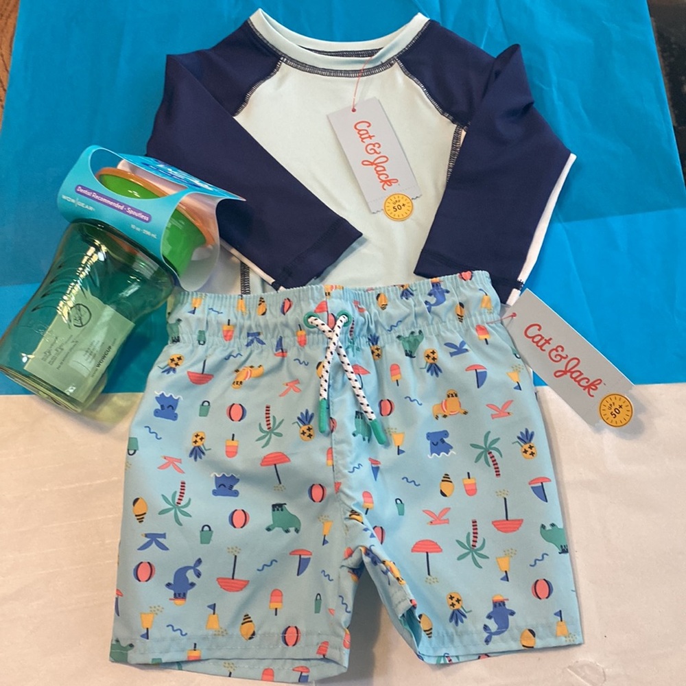 NWT Boys Swim Bundle 12m. Swim Trunks, UPF 50+ L/S Rash guard & WOW Sipper Cup
